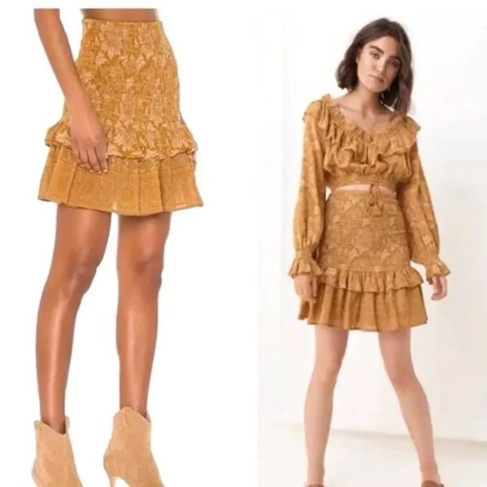 NWT Spell & The Gypsy Lioness Ruched Skirt Ruffle Smocked in Caramel Tan Sz Smal